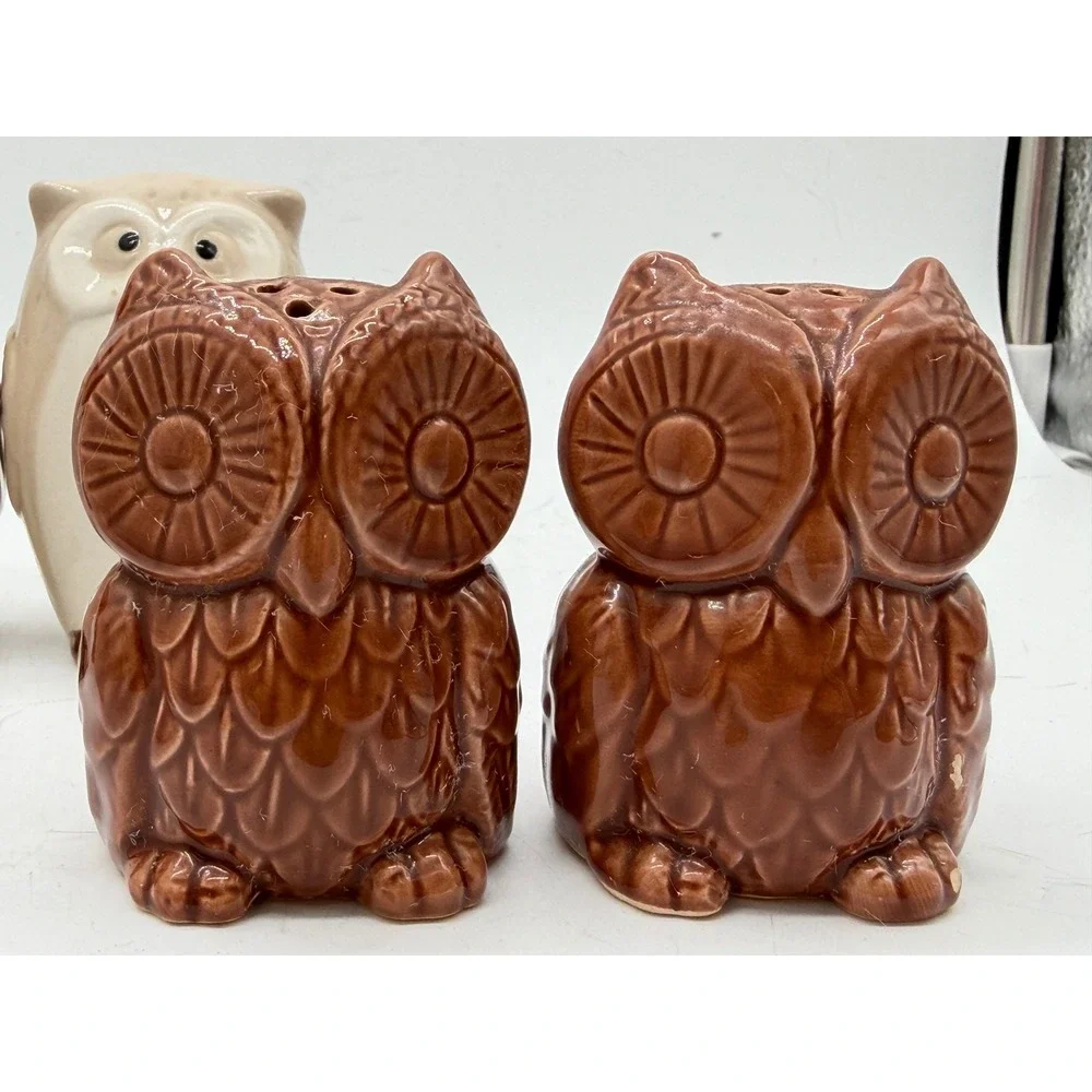 Owl Salt and Pepper Shakers Set & Decor Figurines Pier 1 Brown White 8pc owl set